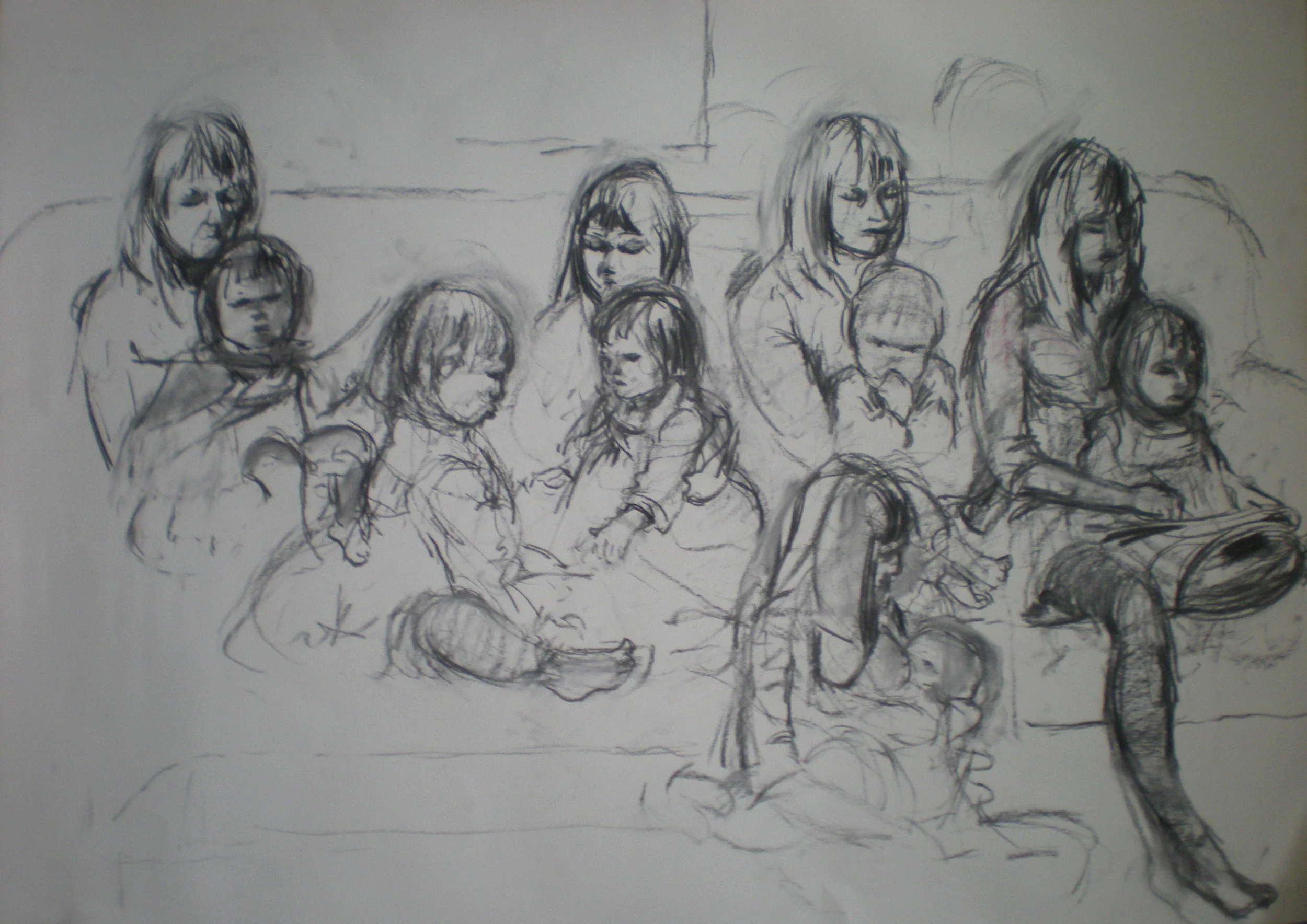 Quick sketches of mother and child on a sofa