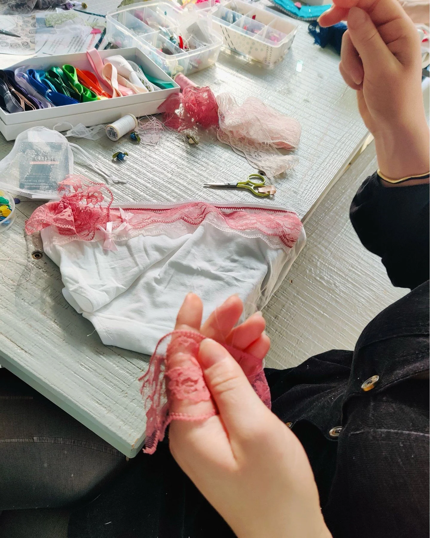 Knicker Customisation workshops! Available at your booked private accommodation or at public venues too.

We&rsquo;ll bring along a variety of lace and appliqu&eacute; fabrics for everyone to create their own knickers!
The perfect hen party activity?