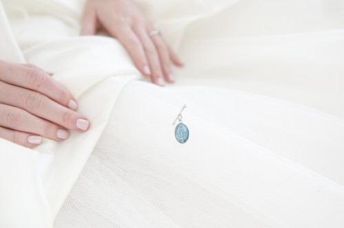 My most favorite, "something blue" pinned to the inside of my dress.