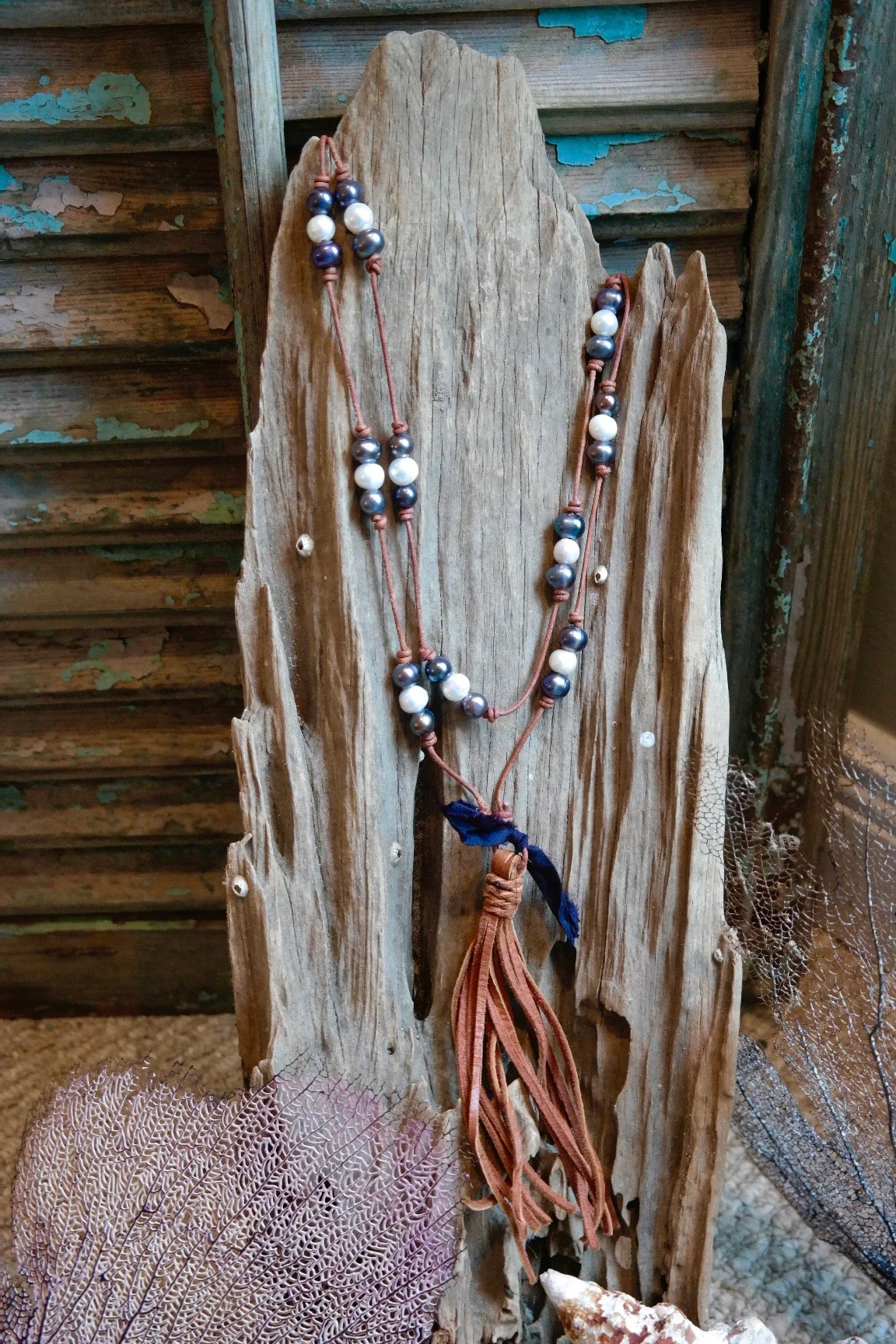 Triple Pearl with Leather Tassel