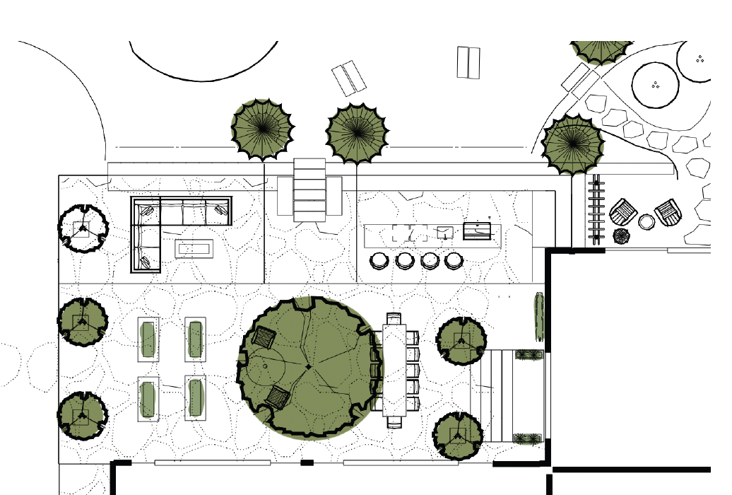  Outdoor kitchen, living space, lush plantings. Installation 2026 