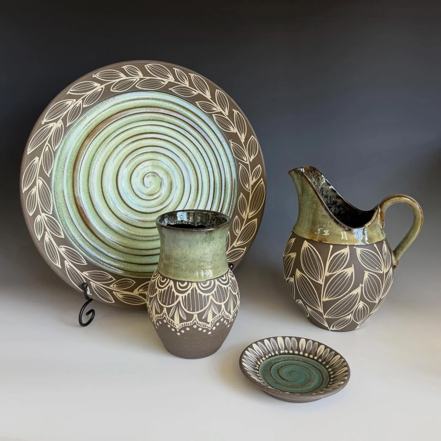 A little collection of some favorites 🌱
The pitcher and platter are longtime staples&mdash;pieces I keep coming back to and love gifting. The lace mandala pattern on the vase is something new I&rsquo;ve been playing with, and I&rsquo;m really excite