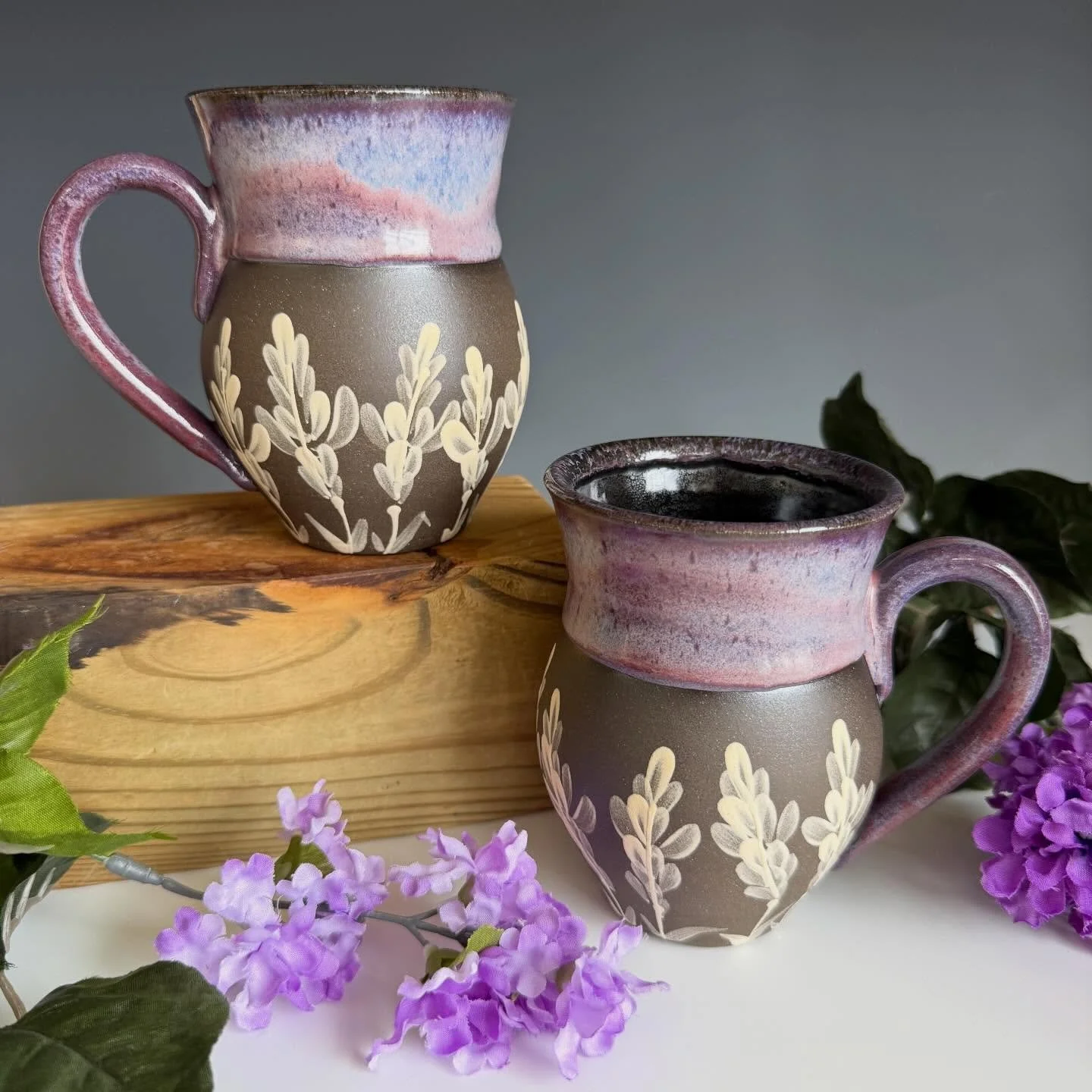 Some cutie lavender mugs 💜 I&rsquo;ve got more of these in the works and I&rsquo;ll be bringing them with me next weekend to Antiques and Artisans @gcvmuseum ✨