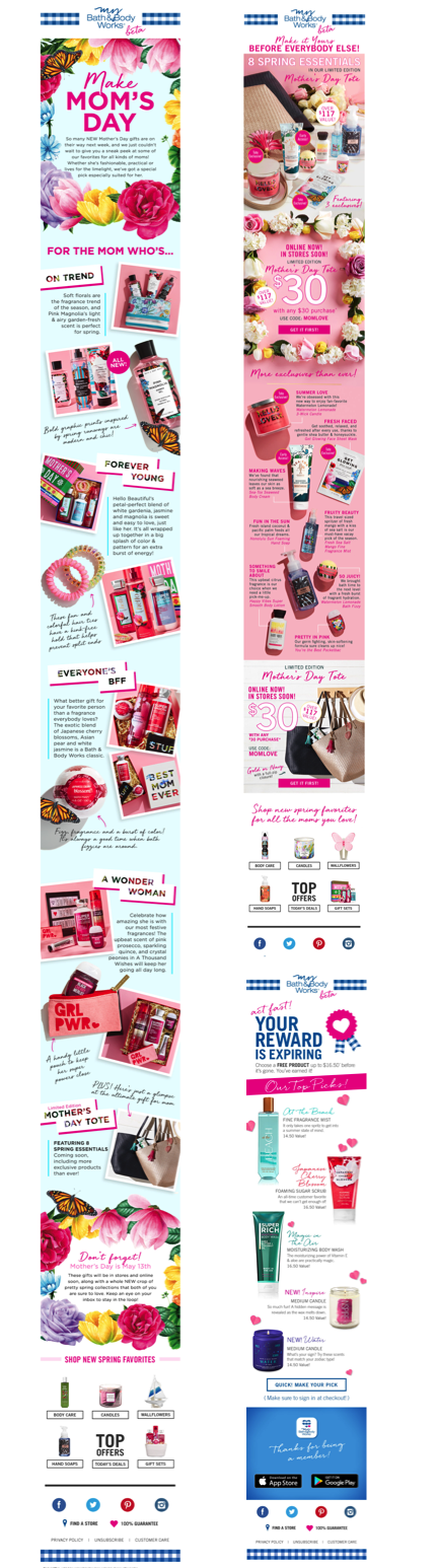 Bath & Body Works Mother's Day emails, May 2018.