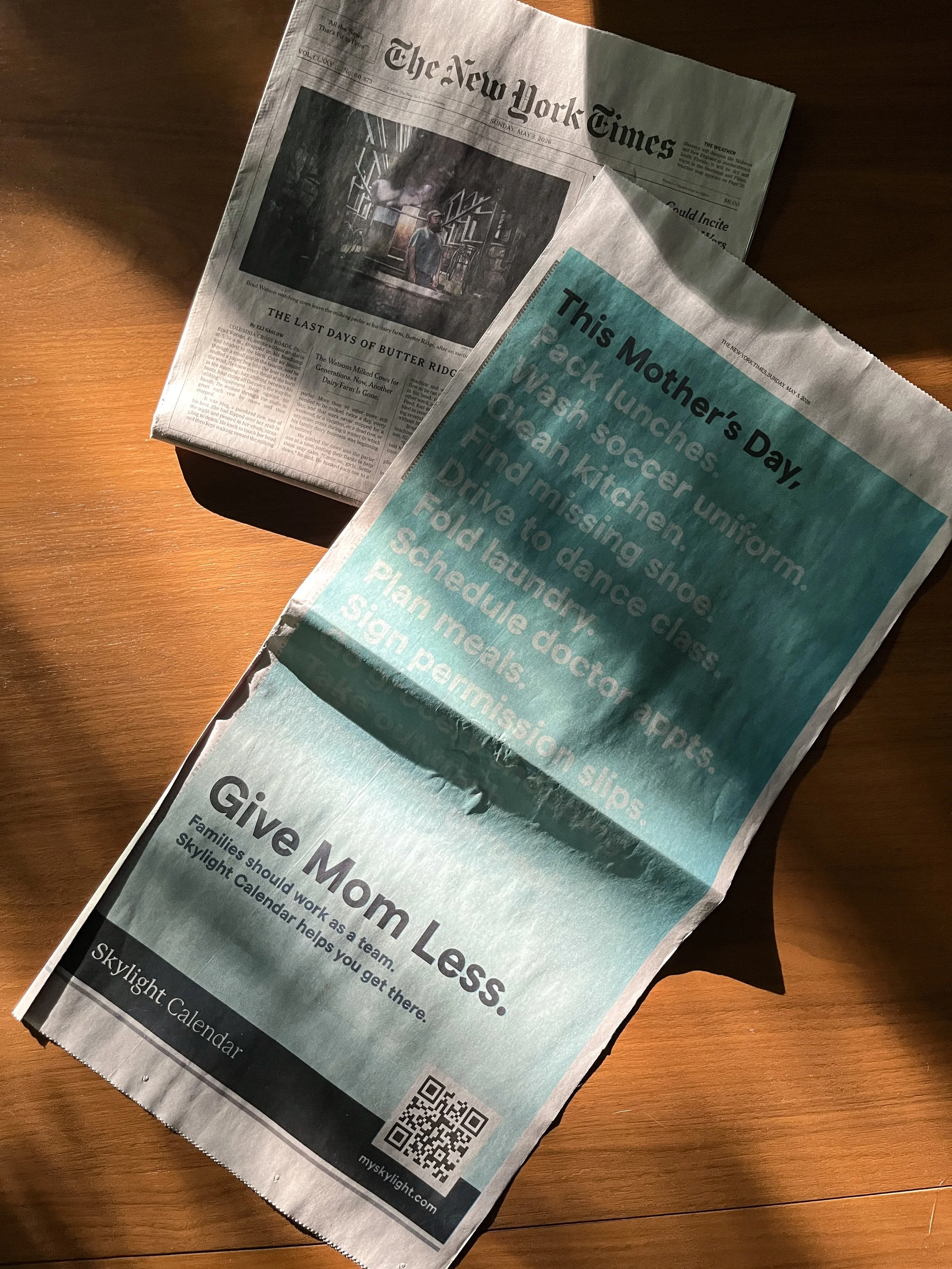 Full Page Skylight Calendar Mother’s Day Ad for New York Times. 2026.