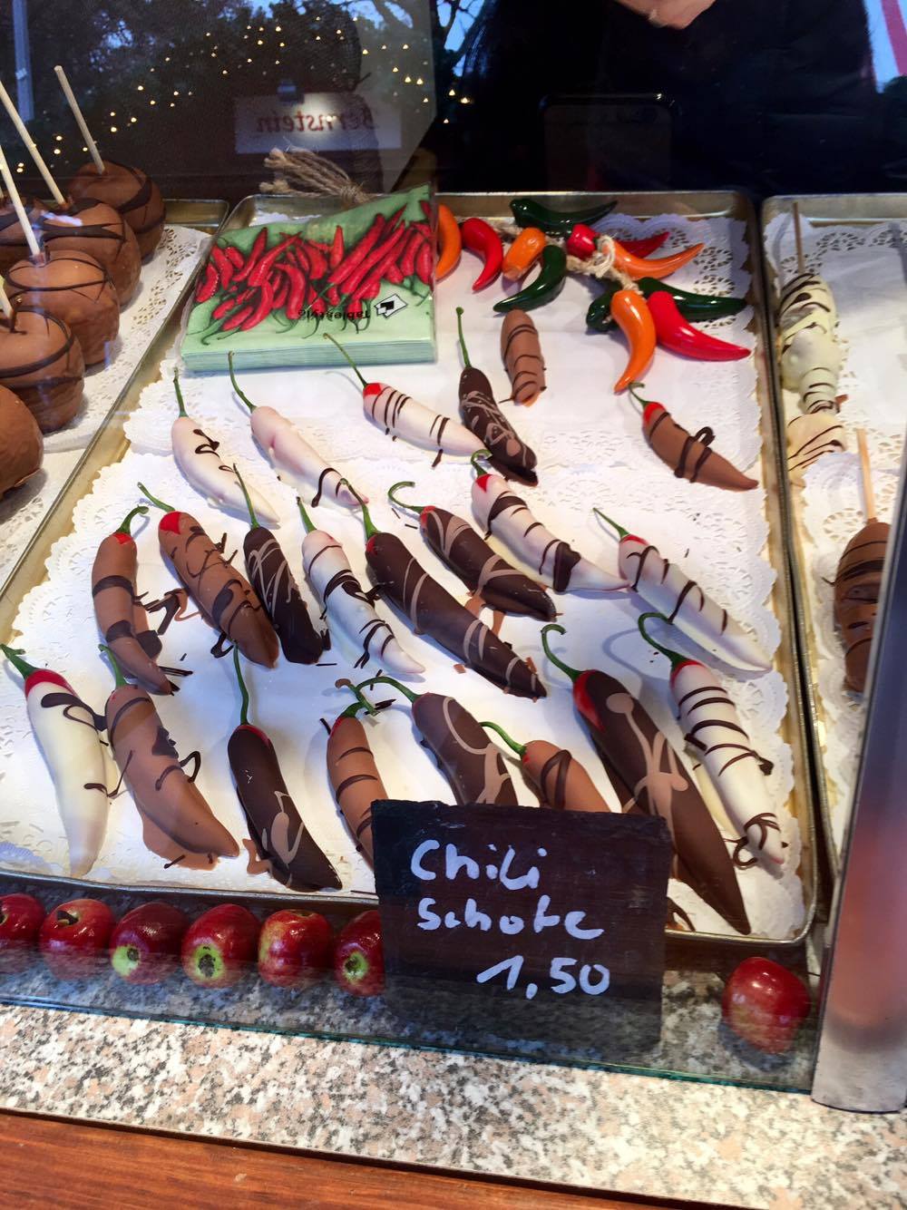 Chili dipped in chocolate. Tried this, it was actually spicy!