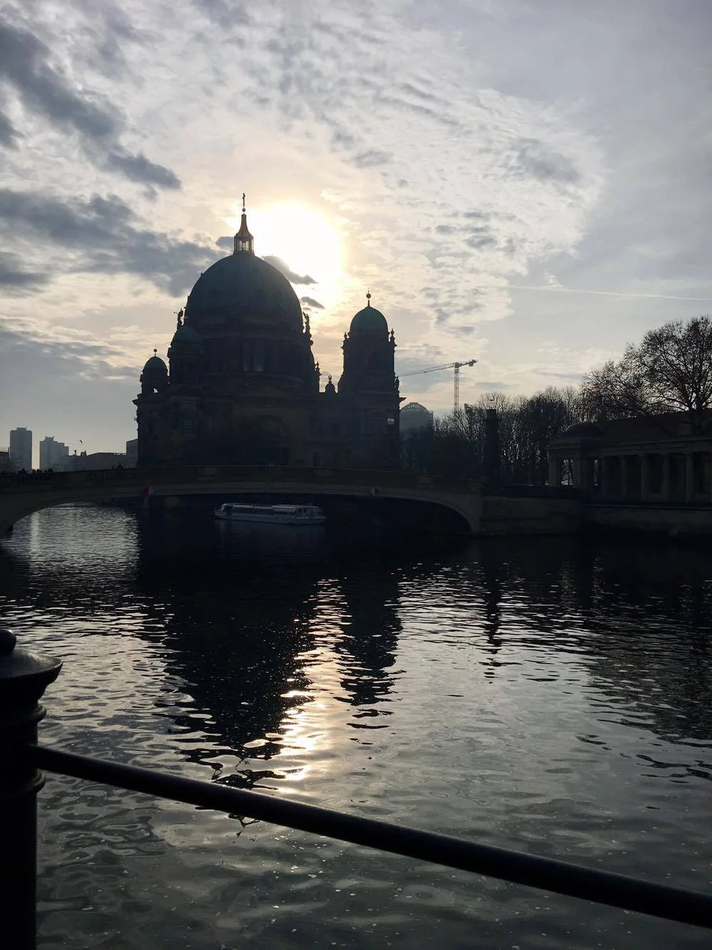 The back of the Berlin Cathedral, with its shadows set against the river Spree.