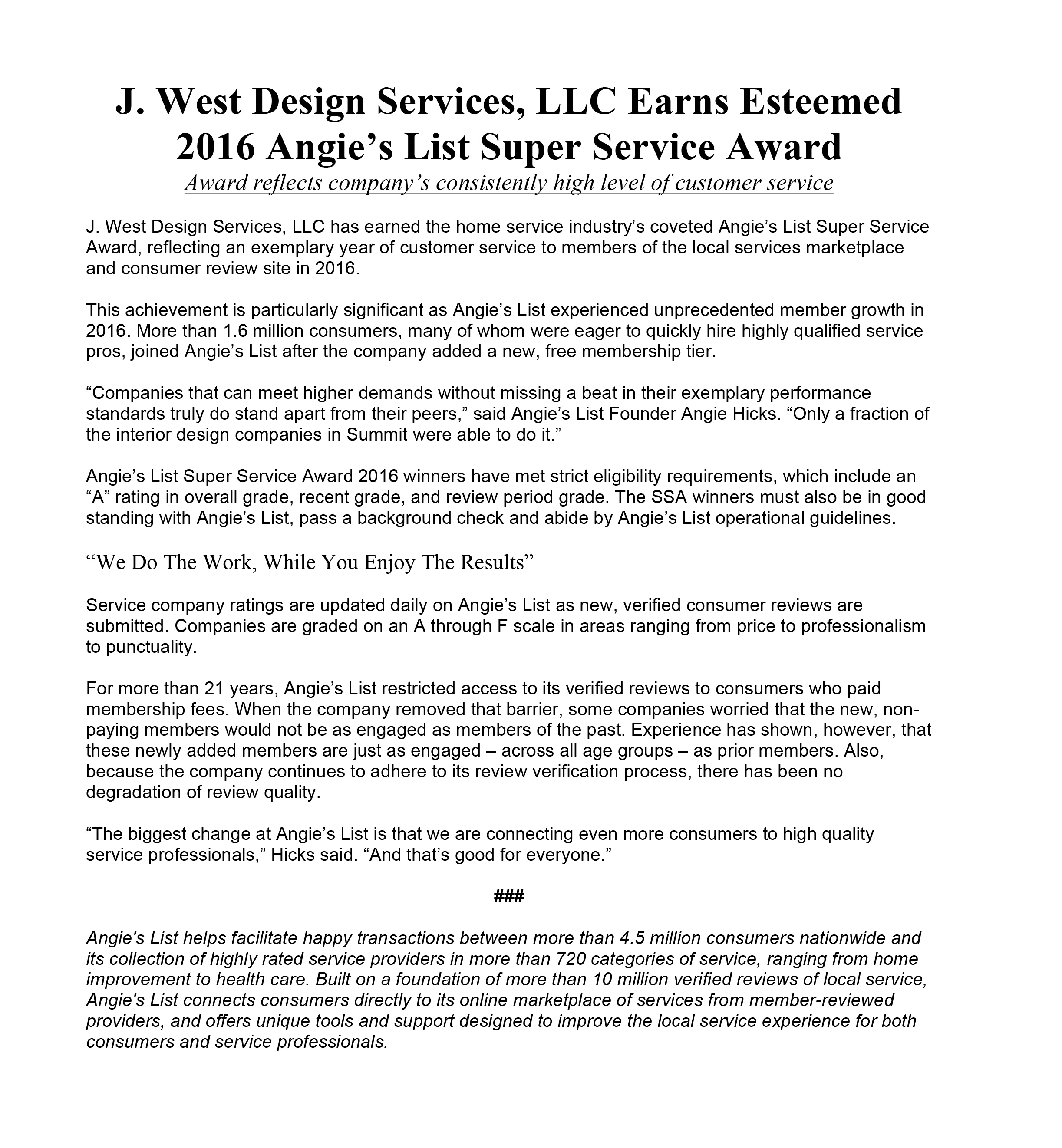 J. West Design Services Earns Esteemed 2016 Angie's List Super Service Award