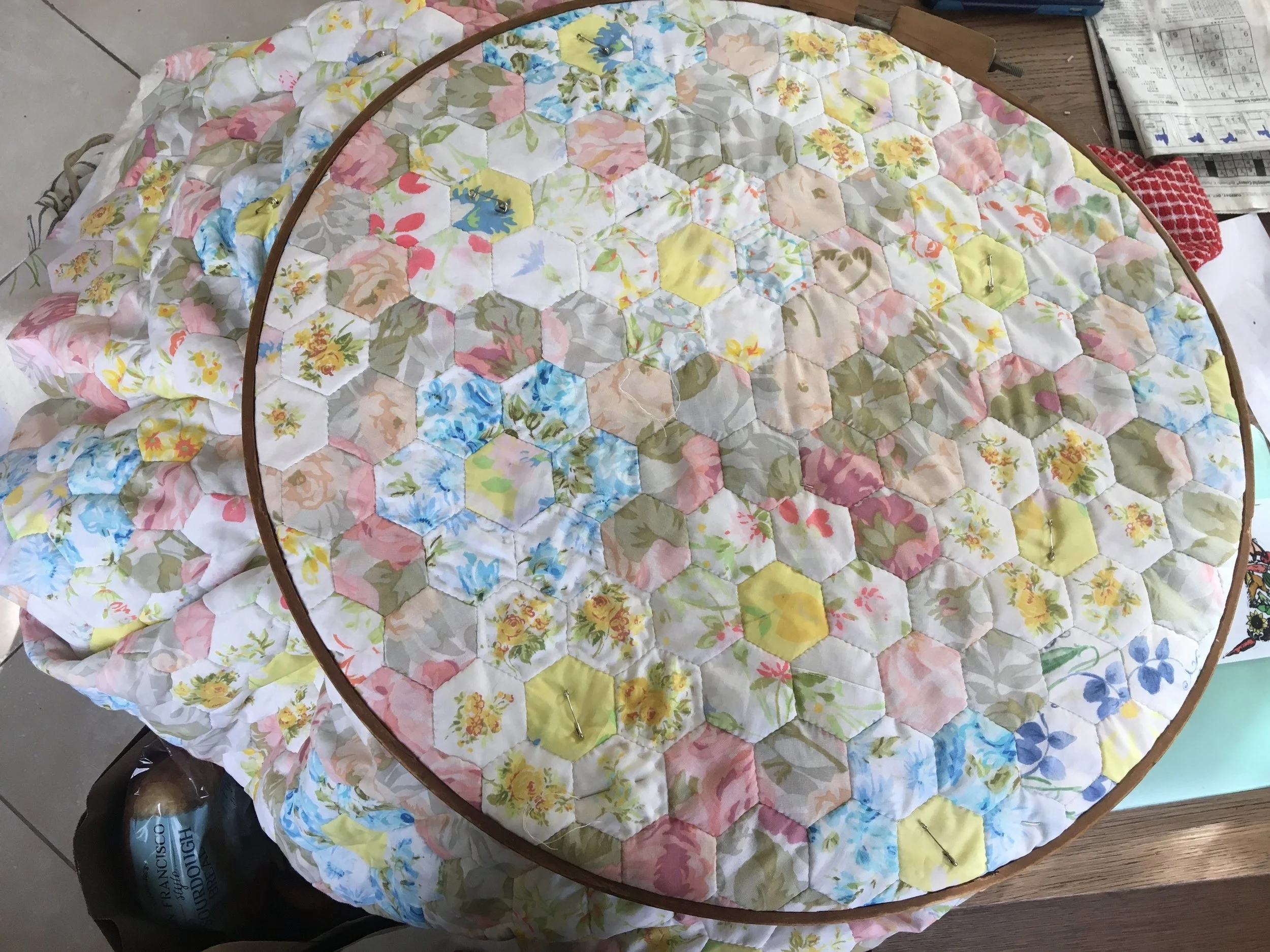 The quilting begins! I've had this quilting hoop for so long and never thought I would actually end up using it
