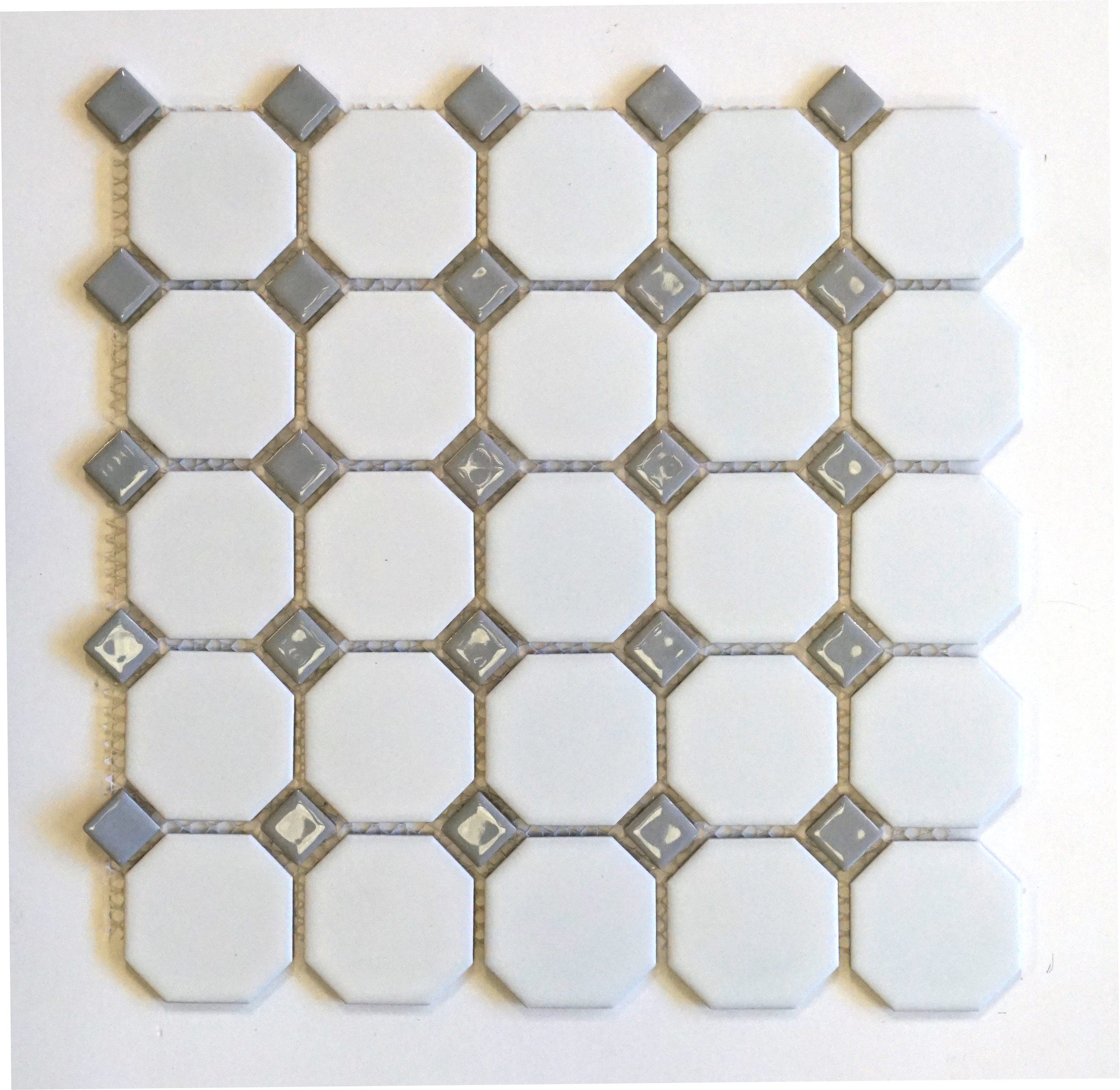 OCT-172 &nbsp;Octagon 2-1/4"Matte White w/ Shiny Sterling Grey Dot