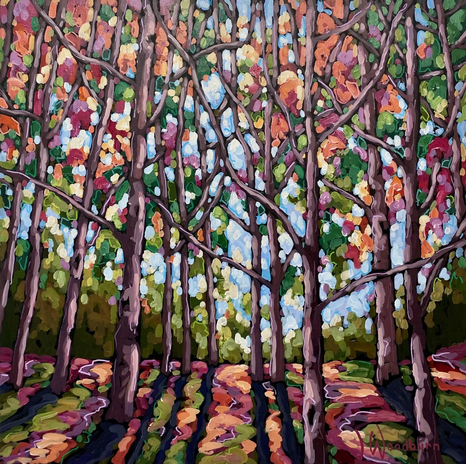 Autumn's Sweet Embrace 30"x30" Acrylic on Canvas, Autumn Art Sale at McMichael Gallery