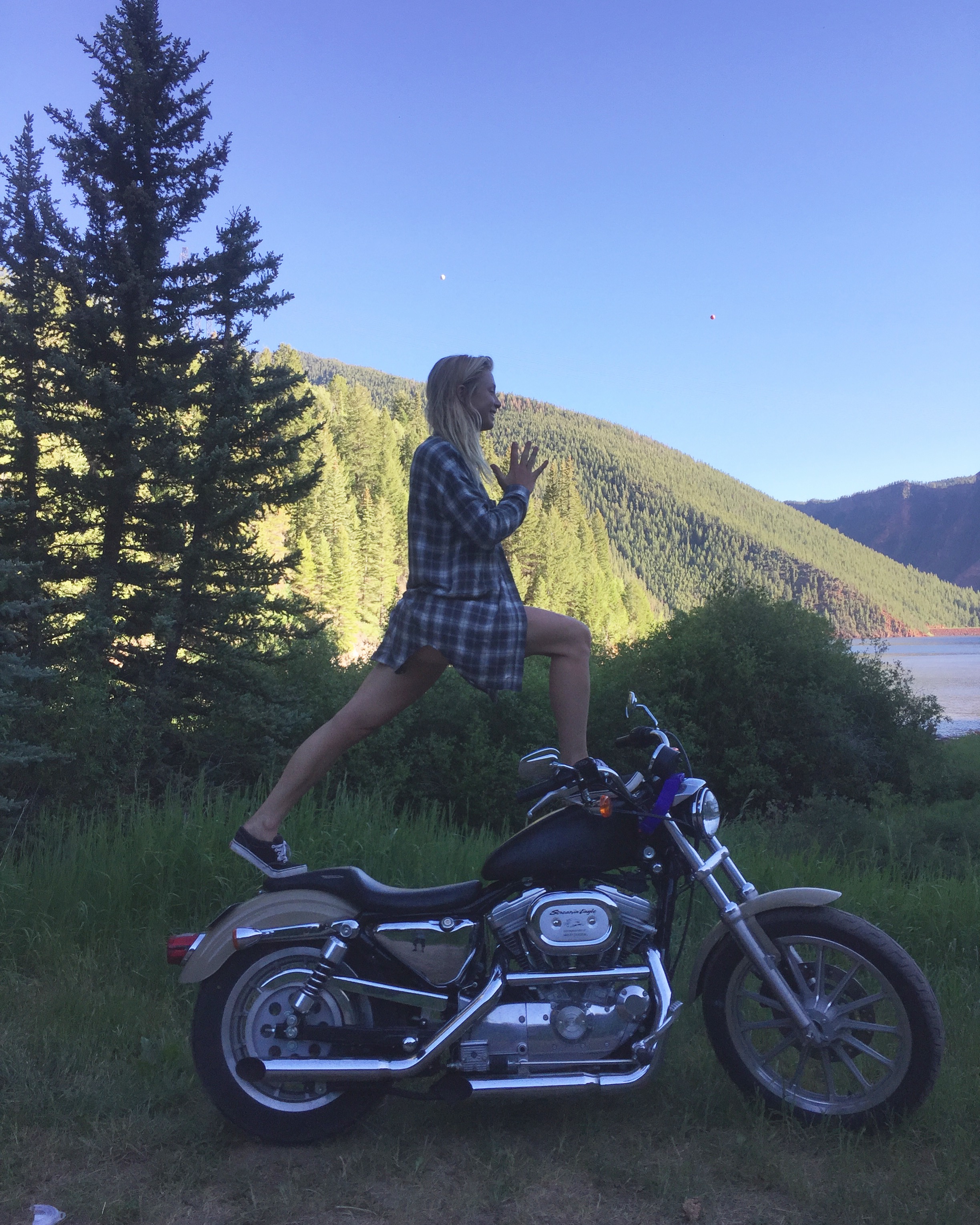 Author, Eliza Demarest practicing yoga-cycle at Ruedi Reservoir. 