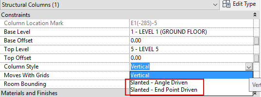Change the ‘Column Style’ from Vertical to Slanted (Revit 2016 and earlier)