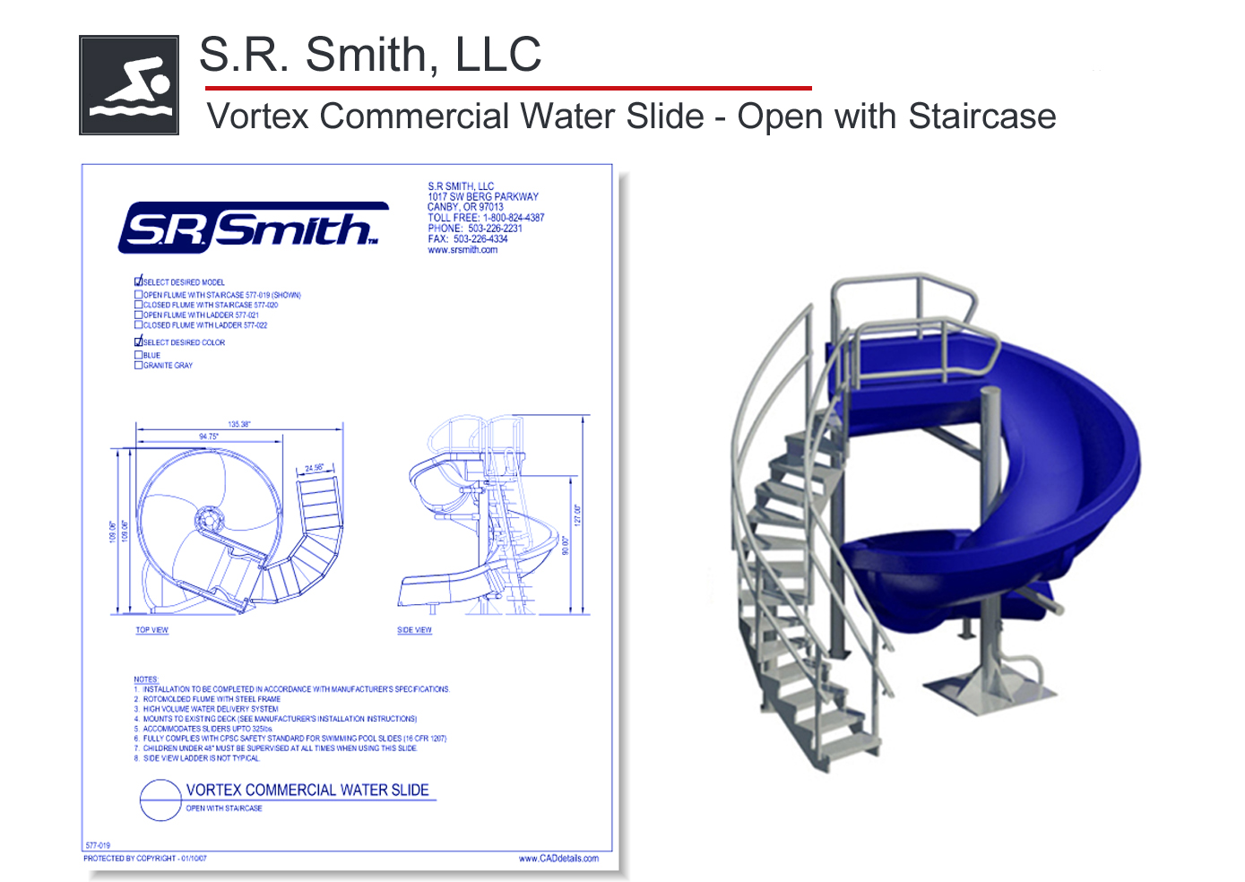 577-019 Vortex Commercial Water Slide - Open with Staircase