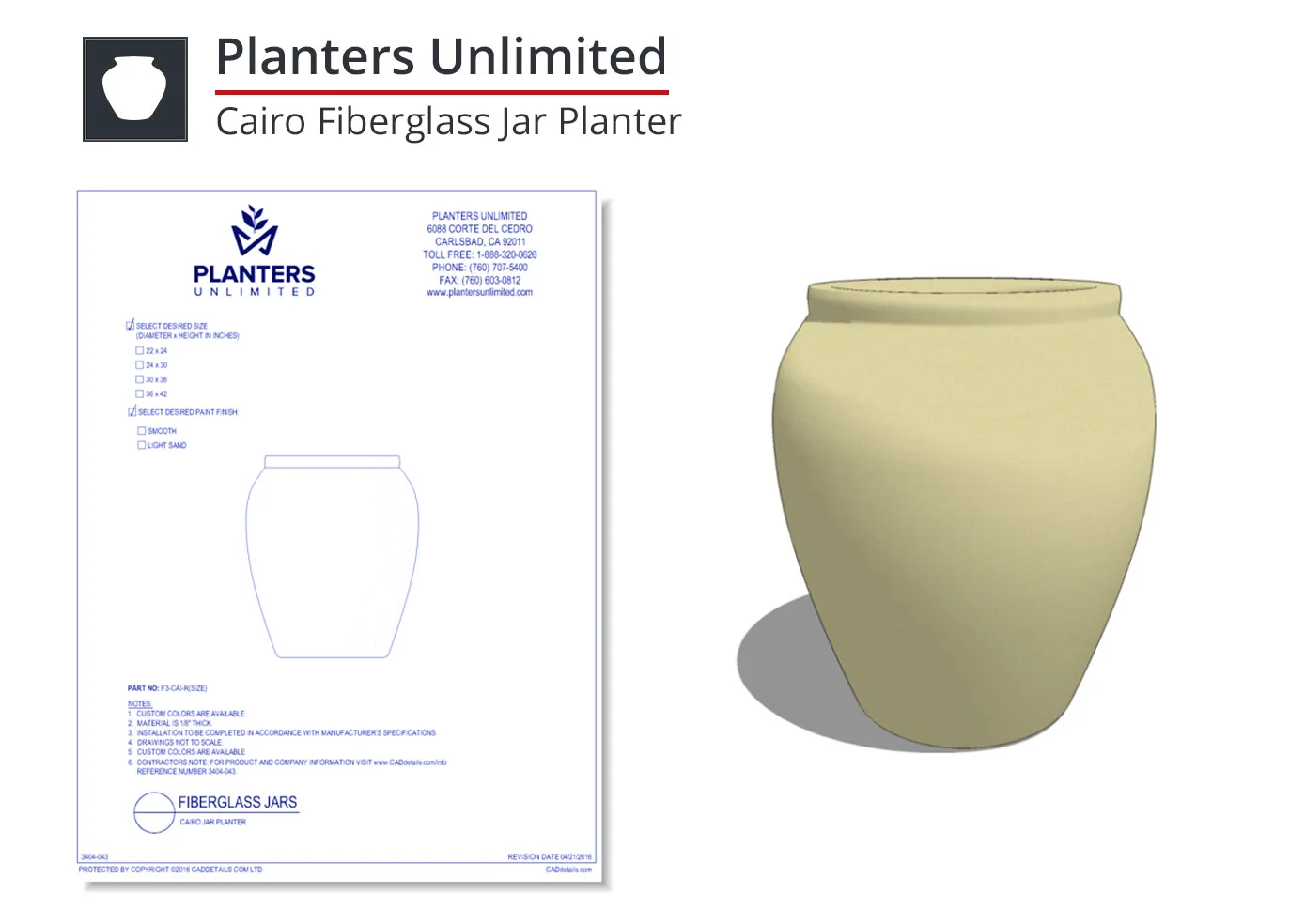 3404-043 Cairo Fiberglass Jar Planter