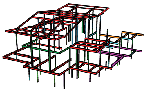 Steel framing is shown as red in this structural model done in Sketchup. Image: Mark English Architects