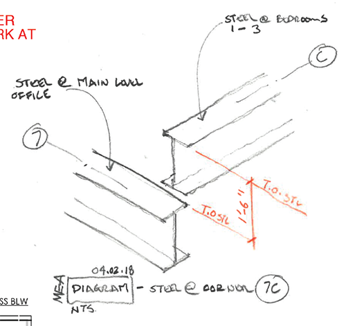 A hand sketch using trace paper over a 3D axis illustrates an area where two beams need to meet. Image: Mark English Architects