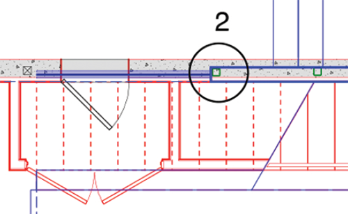 Top-down view of a wall that is multiple stories tall. The red is the basement, blue is the main floor. Image: Mark English Architects