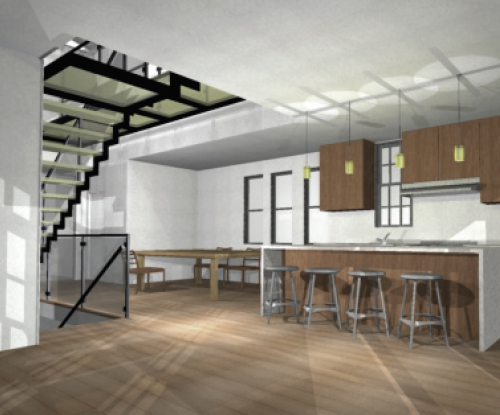 Initial design proposal, interior, showing a glass staircase in the center of the building, with glass rails and interior skylight above. Image: Mark English Architects
