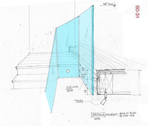 Detail of stair from basement to first floor, after changing the stair rail panels from steel back to glass. Although the cantilevered steel stair treads didn’t extend to the basement level, the glass panel rails did. Image: Mark English Architects