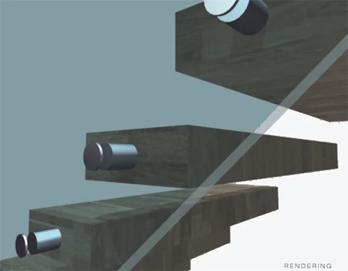 Stair detail showing attachment of glass panels to stair treads. The treads are cantilevered steel with wood cladding. Image: Mark English Architects