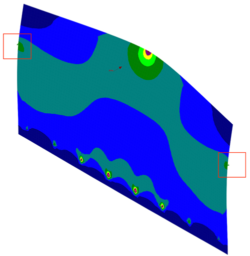 A structural visualization of the flexes and stresses that a rail-less glass stair rail panel could expect to experience during a seismic event. The spots along the bottom represent the attachment bolts, while the single spot on top represents the flexion of the tempered and laminated glass. Image: Triumph Engineering, LLC