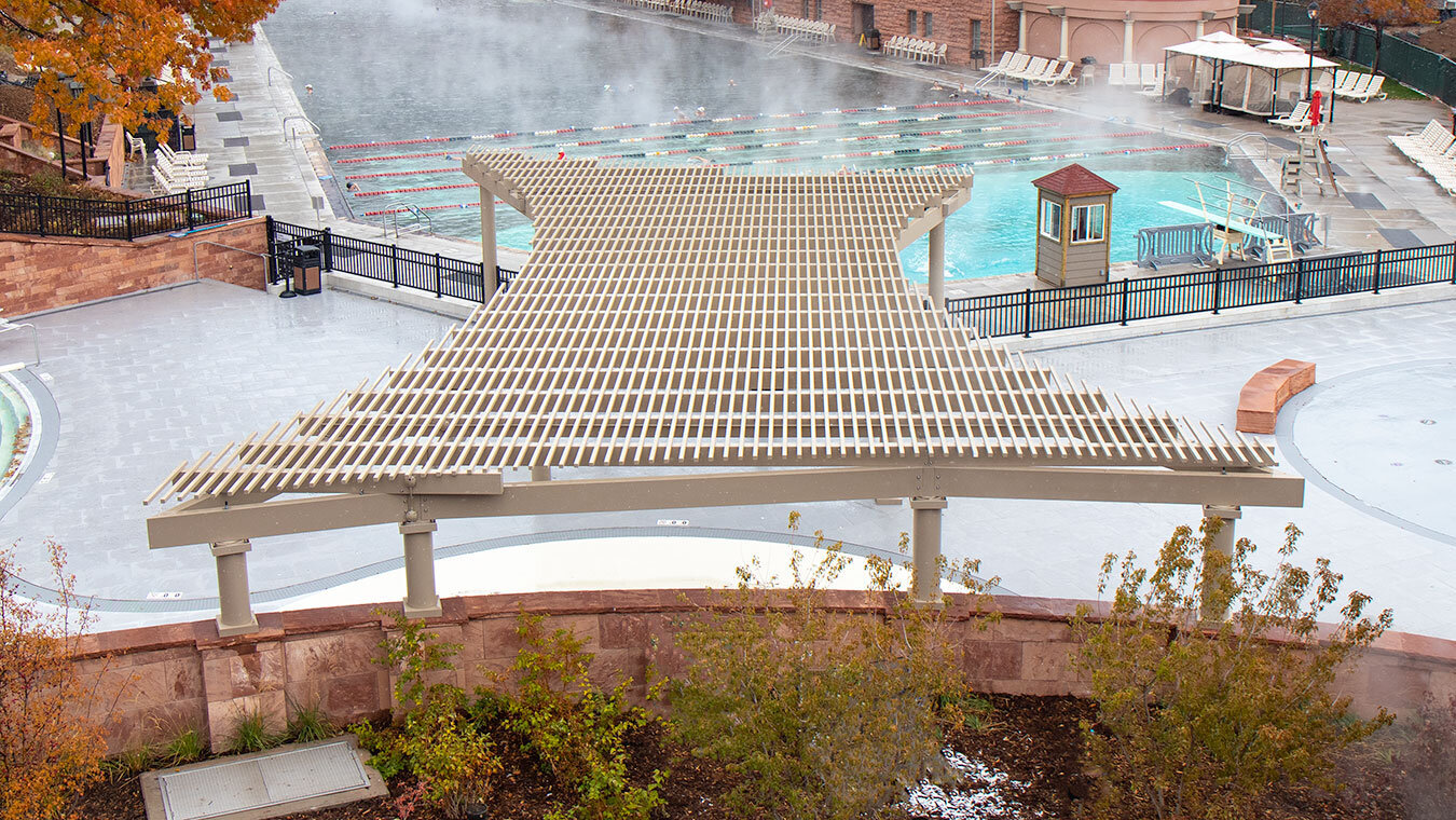 #architecturalproject Glenwood Hot Springs - Sopris Splash Zone by @structureworksfab
This unique, shade enhancing bowtie design shields guests from the sun and provides unmatched architectural interest to the resort.

#design #productmanufacturer #p