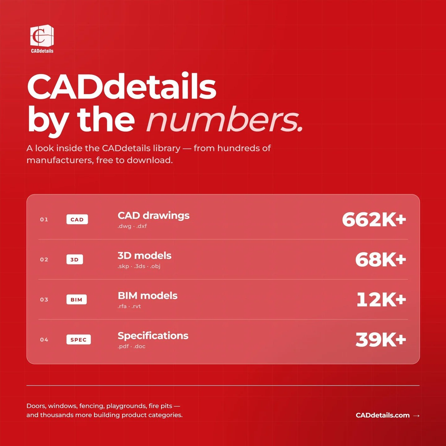 From first sketch to final spec, the right files are waiting for you. 📐📦

Search the CADdetails library to find exactly the product you need &mdash; then download the format that fits your workflow, instantly.

▪️662K+ CAD drawings
▪️68K+ 3D models