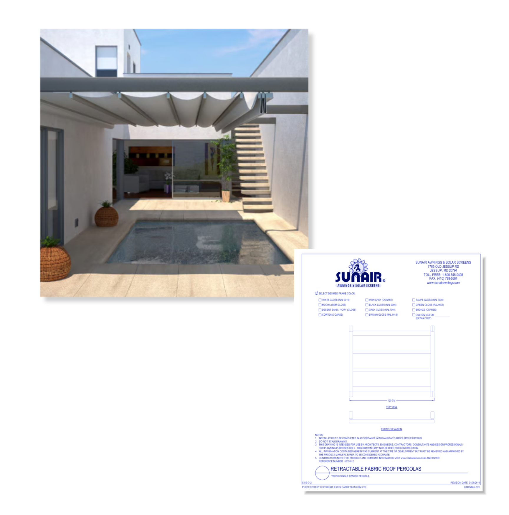 Image and CAD drawing of Tecnic & Tecnic One Pergola