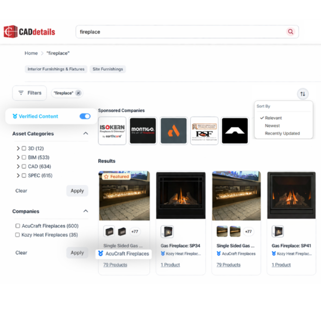 search filters on cCADdetails search results for "fireplace" with filters for verified content, asset categories, and companies.addetails