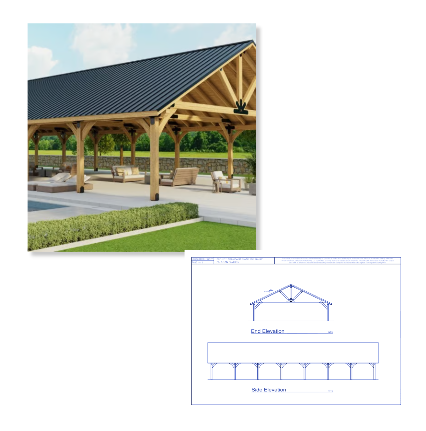 Image and CAD drawing of Palatian Wood Pavilion