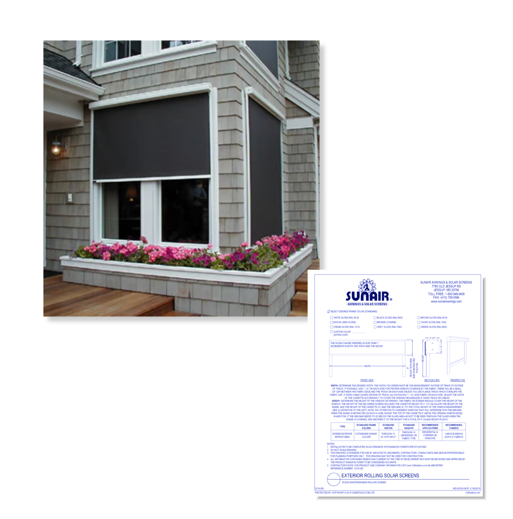 Image and CAD drawing of Exterior Rolling Solar Screens