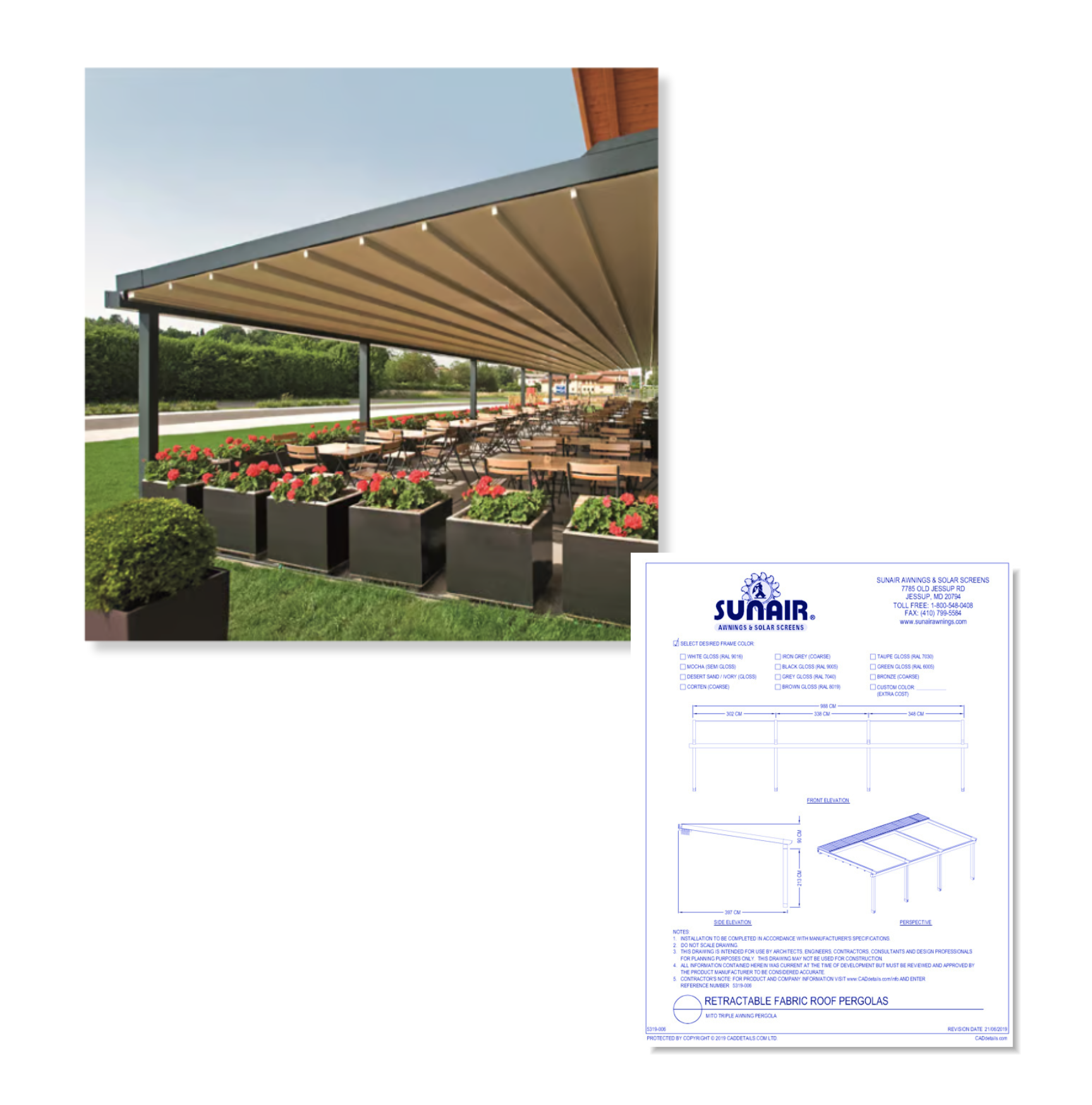 Image and CAD drawing of Mito Pergola Retractable Fabric Roofs