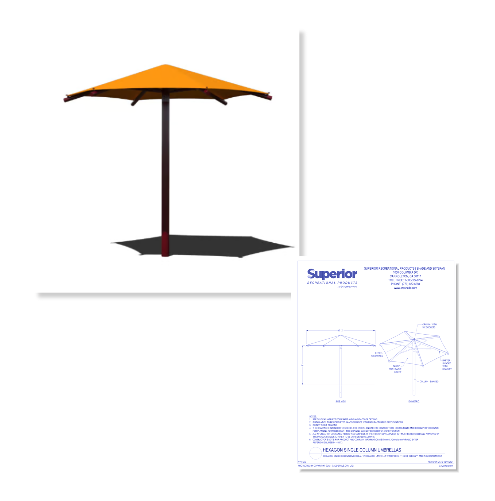 Image and CAD drawing of Hexagon Single Column Umbrella