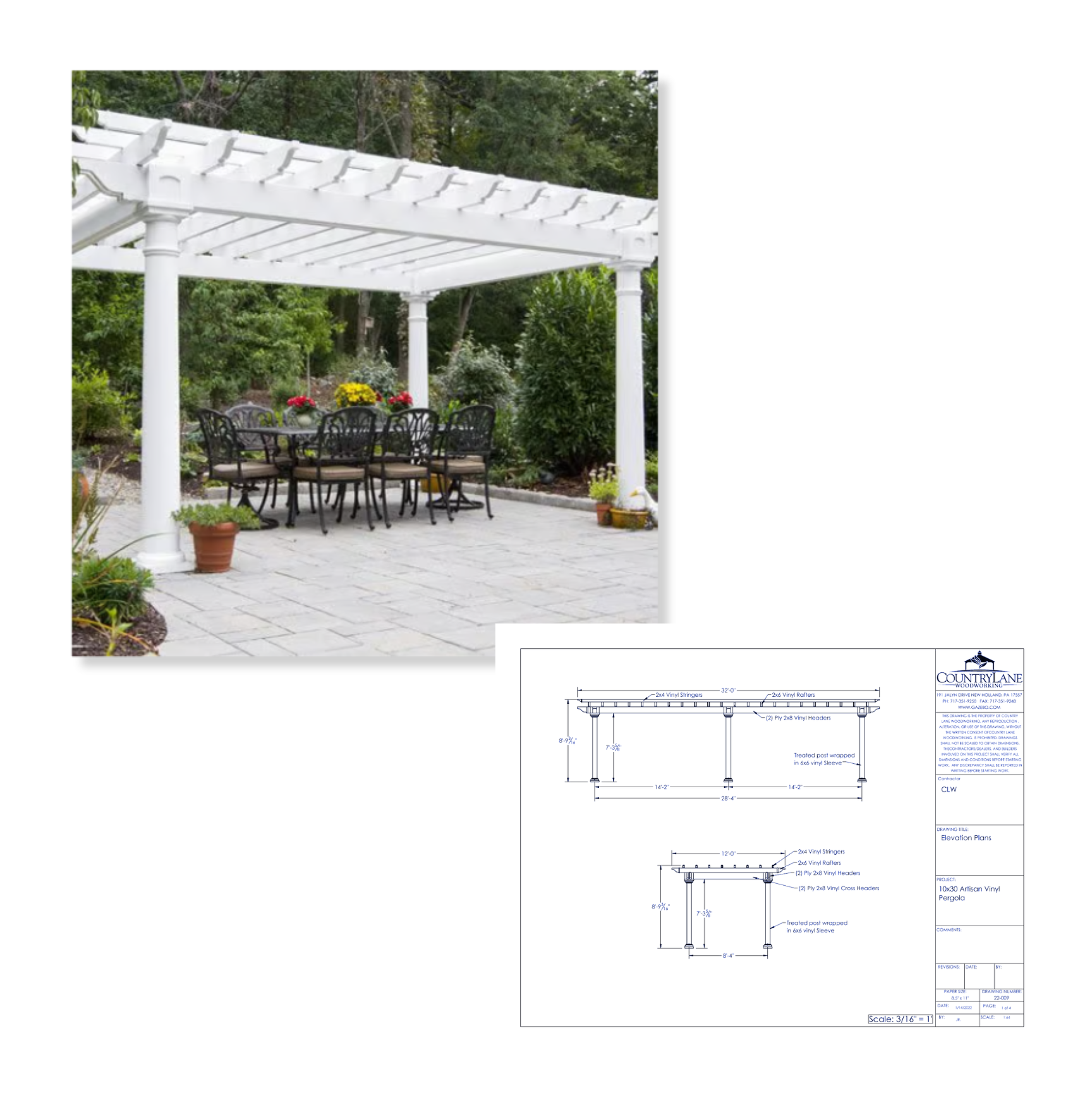 Image and CAD drawing of Artisan Vinyl Pergola