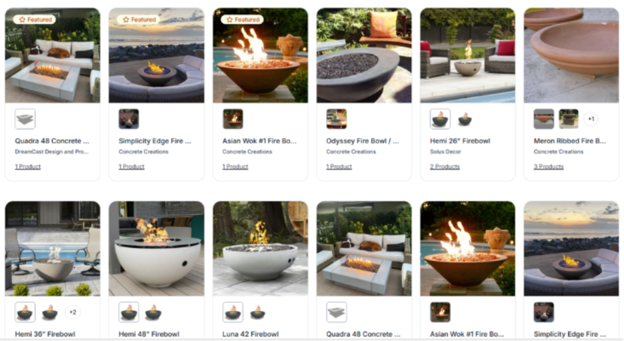 Grid of CADdetails fire bowl product results, including featured listings from multiple manufacturers.