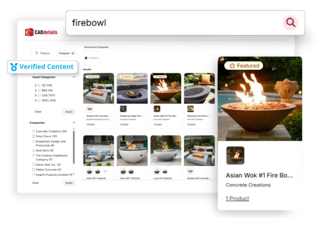 CADdetails search for "firebowl" highlighting a featured fire bowl product and the Verified Content filter.