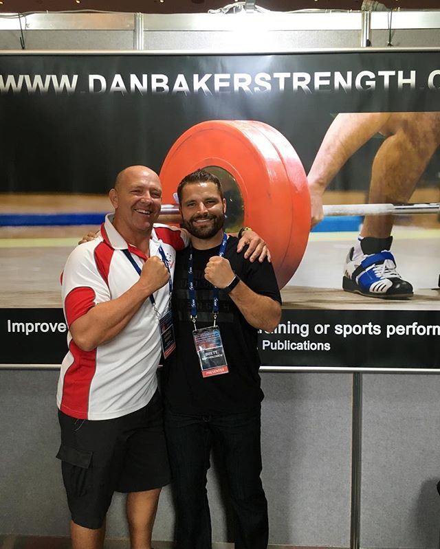 Dr Daniel Baker with  @coach_brettb in front of the DanBakerStrength product booth at the #asca_conf in Melbourne Annual 2016 International Conference 🏋🏽&zwj;♀️