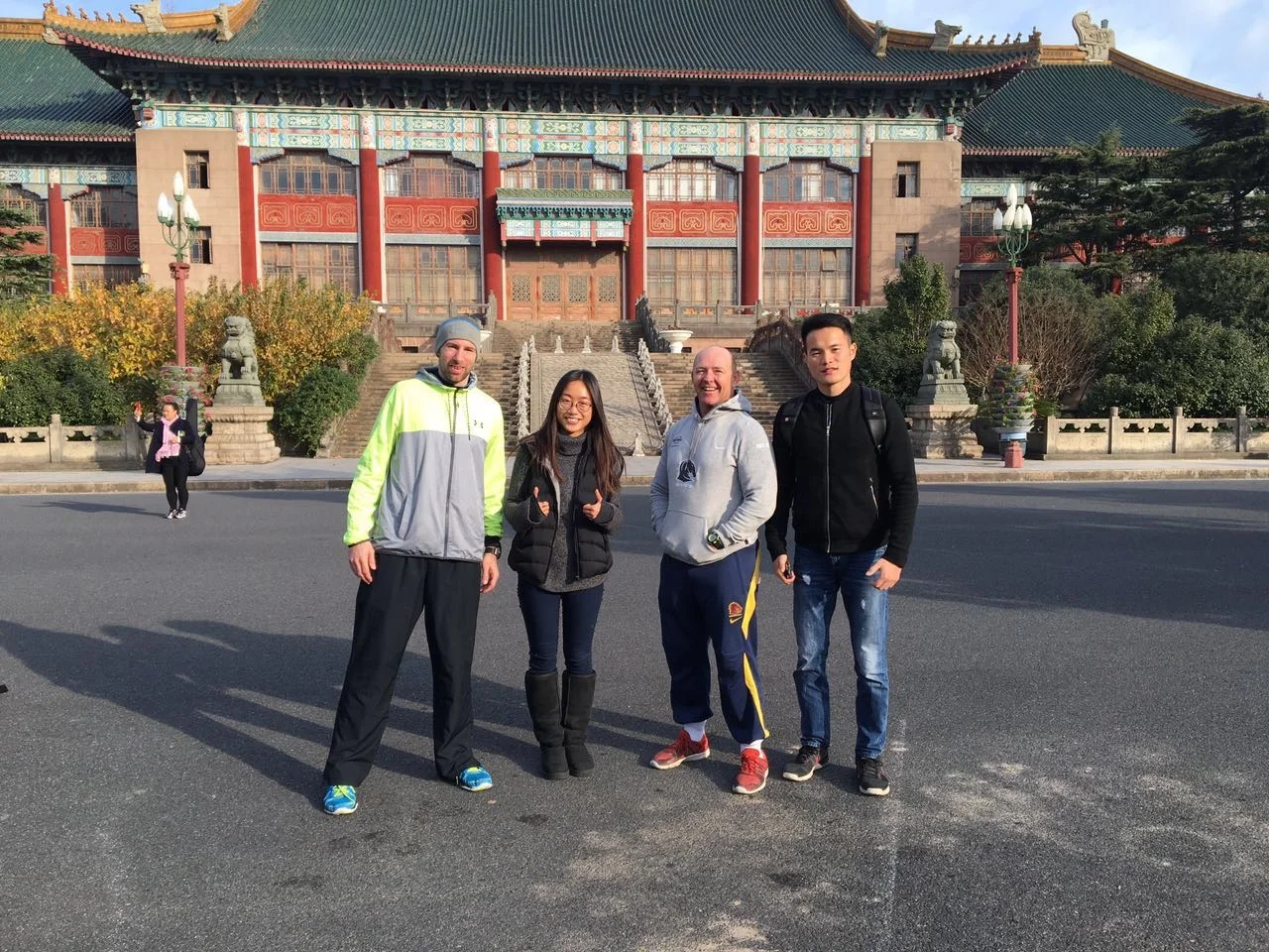 With Dave Sutton, a British S & C Coach working in Shanghai, the beautiful and talented Milo Lee, myself and Zac Bo from Beijing Yanding Co. in front of the old Municipal Administration Building of Shanghai, now located within the Shanghai University of Sport campus.