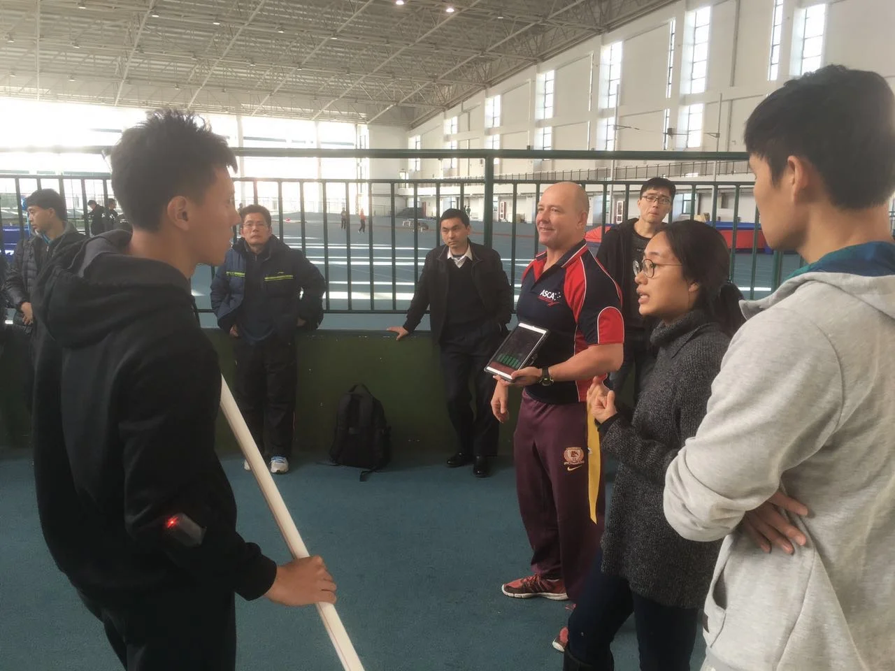 PVC rod for CMJ testing. I am flashing his scores on my IPad. Milo is translating. Just do 5-reps mate!