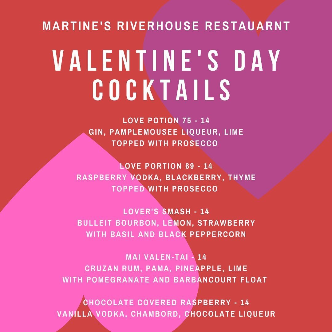 Celebrate Valentine&rsquo;s Day with us this weekend! We&rsquo;re featuring several lovely cocktails to add the magic touch to your special night out which we will be running all weekend!