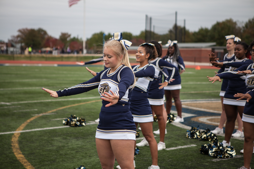 The Bison cheerleaders perform the National Anthem in American Sign Language at the homecoming game on October 24th, 2015 at Gallaudet University. 