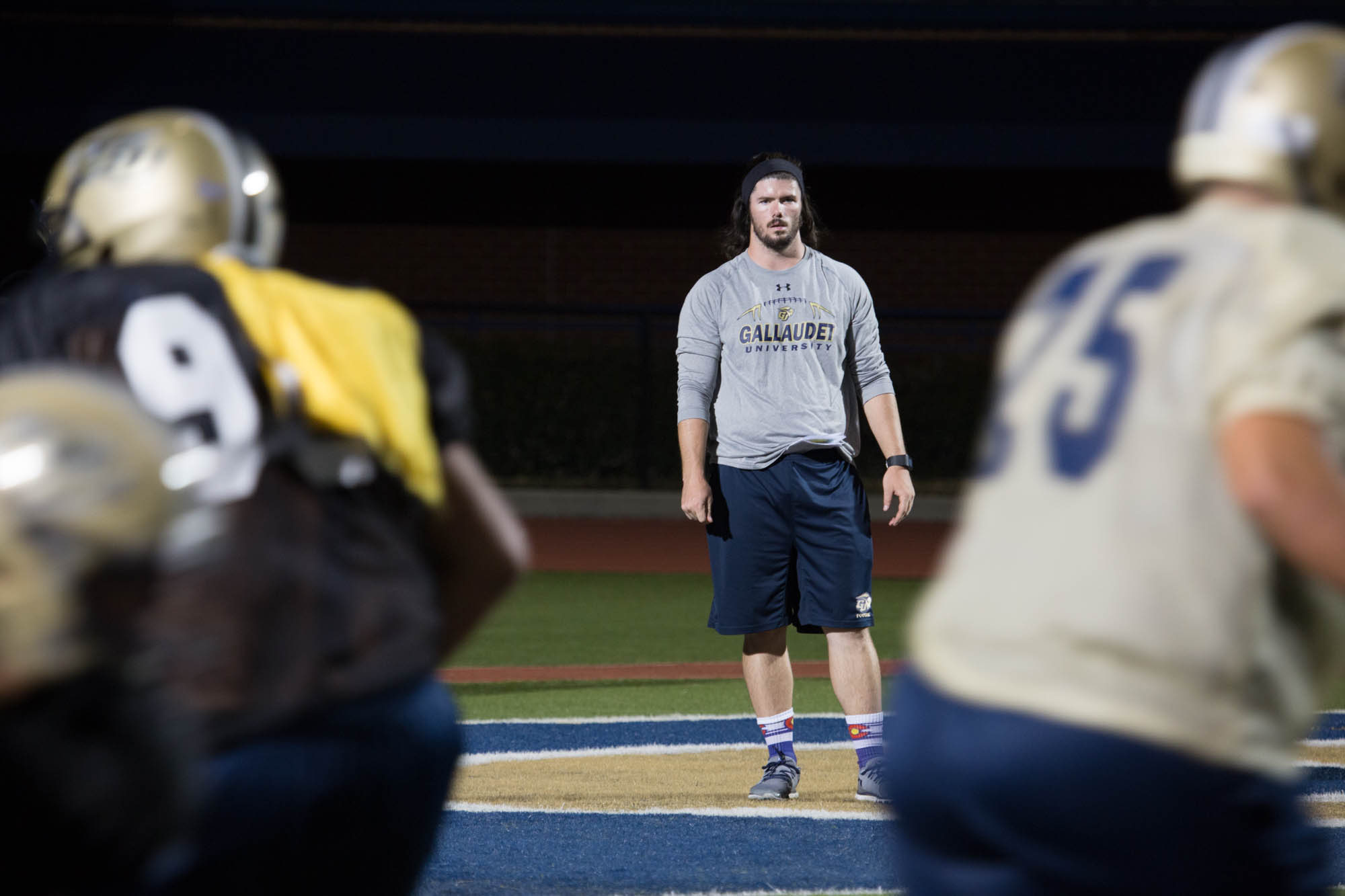 Shelby Bean, 25, watches his linebackers run a drill at football practice on September 14, 2016 at Gallaudet University in Washington, D.C.