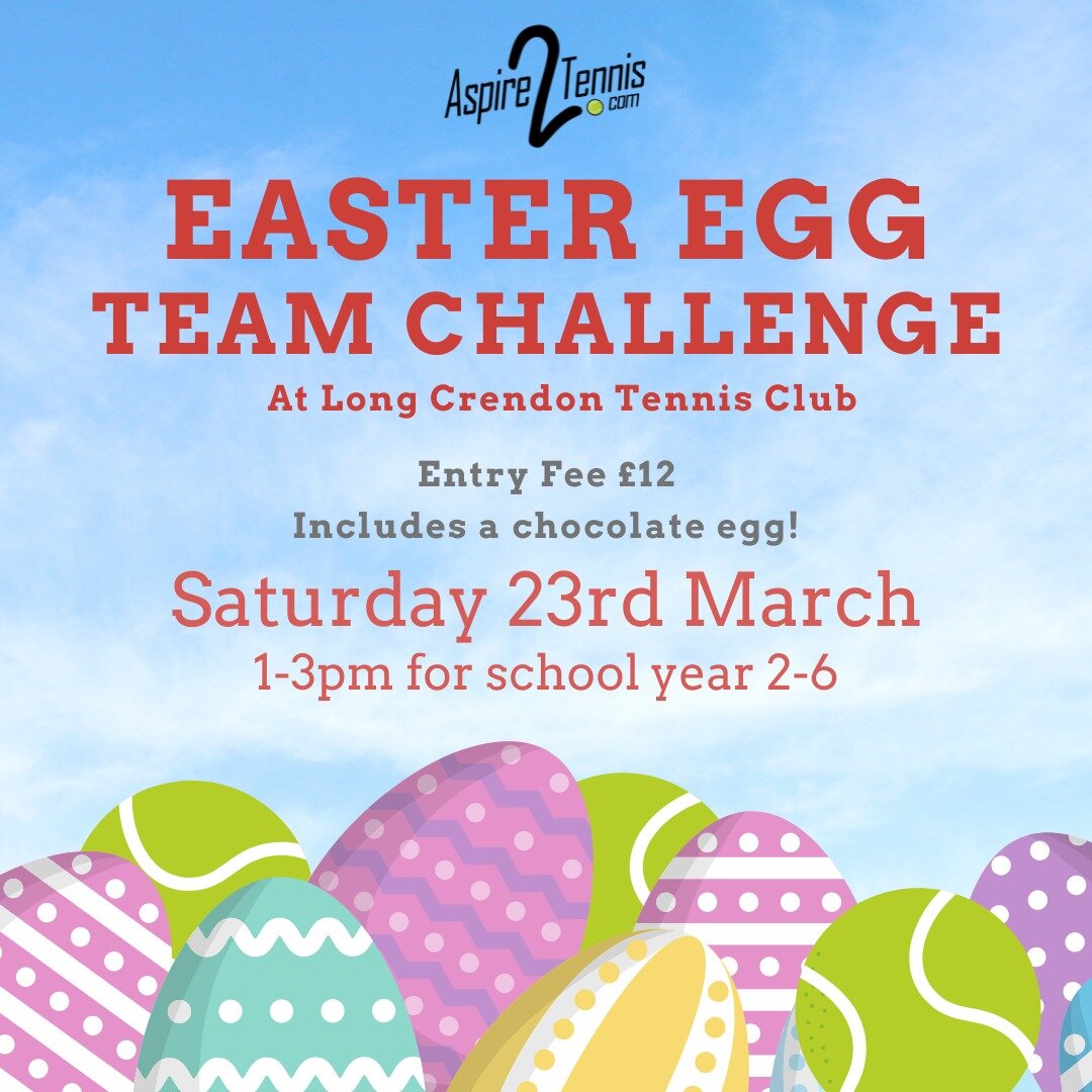 Join us for our Easter Egg Team Challenge!

This is a fun, team-based tournament with all matches counting towards the team&rsquo;s score.  For children in school year 2-6.

Book now, https://bookwhen.com/aspire2tennis/e/ev-sw4g-20240323130000