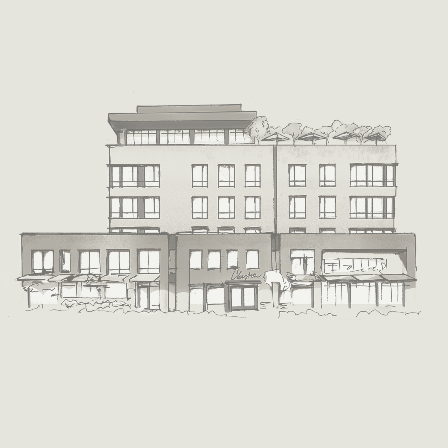 Sketch of exterior of Clayton Hotel