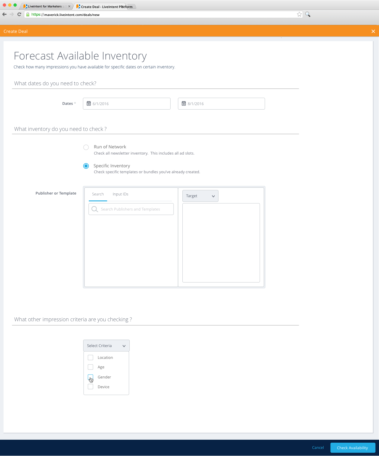 Interface using a date picker, and custom design controls easily select inventory and impression criteria.