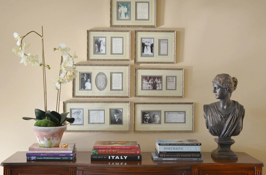 These frames created a family tree of marriages on both sides of the family, so were featured in the main living space. This level of detail adds warmth and meaning to a space, especially key when it's large.
