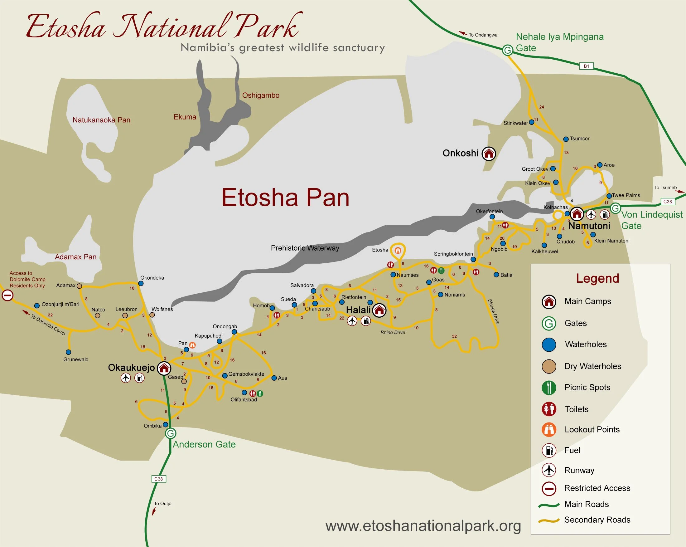 Map of Etosha National Park, Namibia courtesy of www.EtoshaNationalPark.org