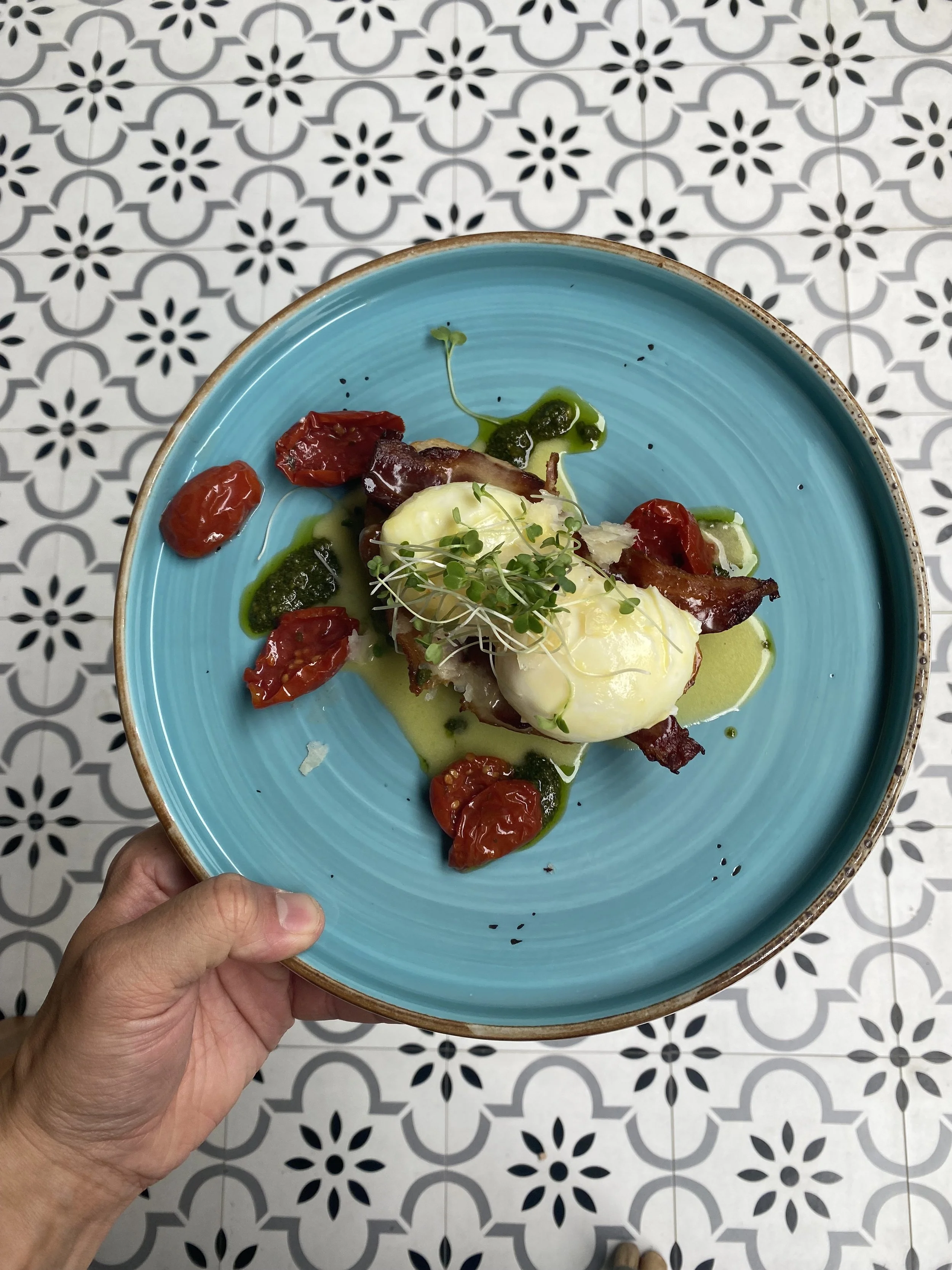 Delicious Breakfast + Brunch + Coffee at Bloom Cafe in Mauritius. Blooms Signature Eggs Benedict - Best on the island