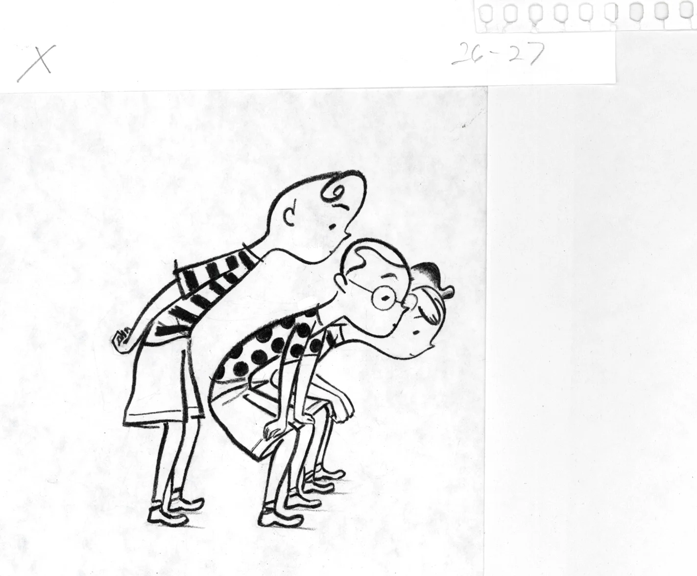 click upper right corner of images to enlarge above: one of the original b&w crayon drawings used to create the final illustrations that also have digital color added. (depicting the characters: Roger, Vincent, and Otto)